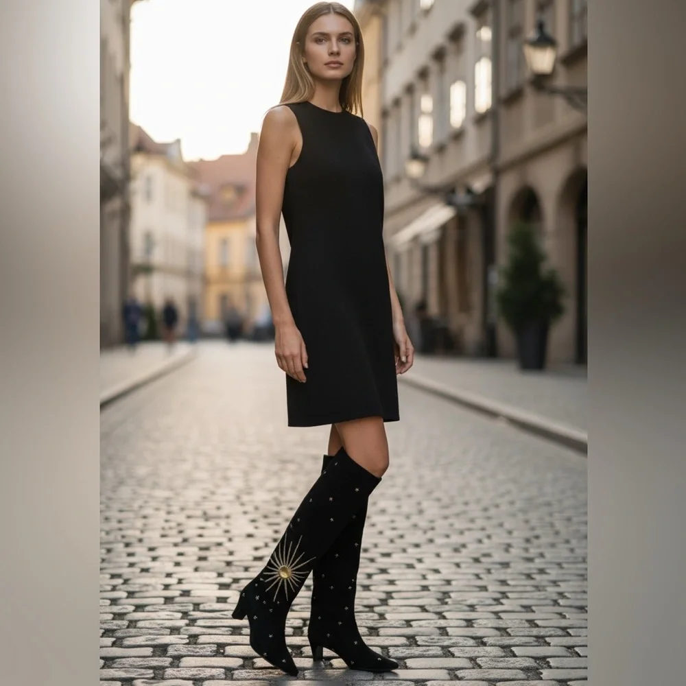 NWT STAUD Wally Suede Crystal embellished Tall Boots in Black Celestial Size 8 - Picture 4 of 17